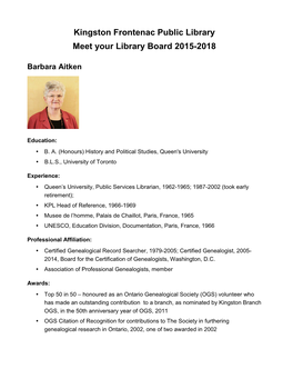 Kingston Frontenac Public Library Meet Your Library Board 2015-2018