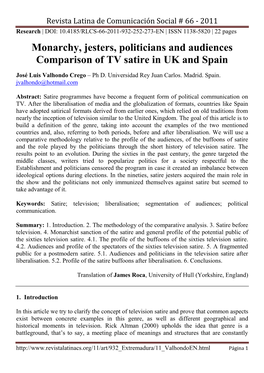 Monarchy, Jesters, Politicians and Audiences Comparison of TV Satire in UK and Spain
