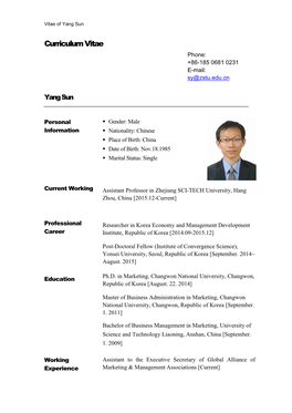 Curriculum Vitae Phone: +86-185 0681 0231 E-Mail: Sy@Zstu.Edu.Cn