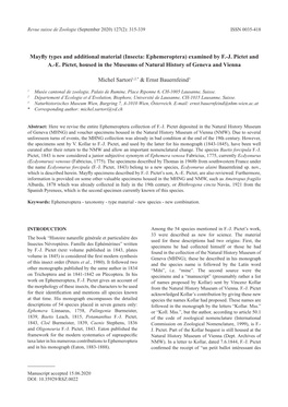 (Insecta: Ephemeroptera) Examined by F.-J. Pictet and A.-E