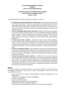 Le Conseil Départemental De L'aveyron RECRUTE Pour Ses Musées Départementaux Un AGENT D'accueil Et DE MEDIATION CULTURE