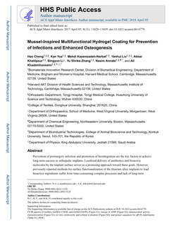 Mussel-Inspired Multifunctional Hydrogel Coating for Prevention of Infections and Enhanced Osteogenesis