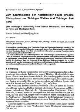 The Knowledge of the Caddisfly Fauna (Insecta, Trichoptera) From