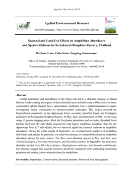 Seasonal and Land Use Effects on Amphibian Abundance and Species Richness in the Sakaerat Biosphere Reserve, Thailand