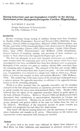 Mating Behaviour and Spermatophore Transfer in the Shrimp Heptacarpus Pictus (Stimpson) (Decapoda: Caridea: Hippolytidae)