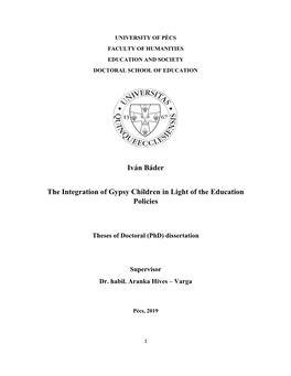 Iván Báder the Integration of Gypsy Children in Light of the Education