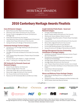 2016 Canterbury Heritage Awards Finalists