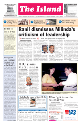 Ranil Dismisses Milinda's Criticism of Leadership