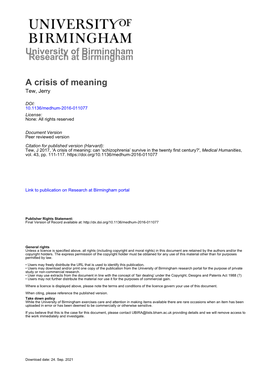 University of Birmingham a Crisis of Meaning