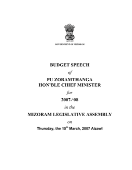 BUDGET SPEECH of PU ZORAMTHANGA HON'ble CHIEF