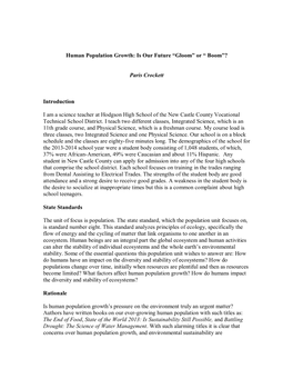 Human Population Growth: Is Our Future “Gloom” Or “ Boom”? Paris