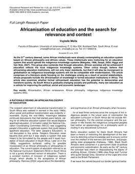 Africanisation of Education and the Search for Relevance and Context