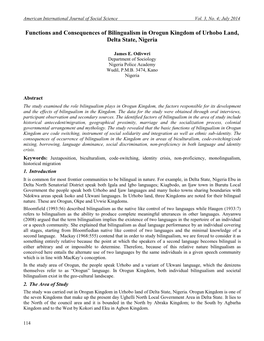 Functions and Consequences of Bilingualism in Orogun Kingdom of Urhobo Land, Delta State, Nigeria