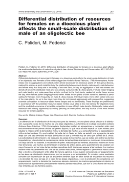 Differential Distribution of Resources for Females on a Dioecious Plant Affects the Small–Scale Distribution of Male of an Oligolectic Bee