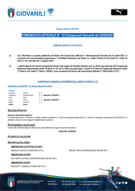 COMUNICATO UFFICIALE N° 121/Campionati Giovanili Del 25/05/2021