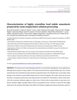 Characterization of Highly Crystalline Lead Iodide Nanosheets Prepared