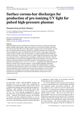 Surface Corona-Bar Discharges for Production of Pre-Ionizing UV Light for Pulsed High-Pressure Plasmas
