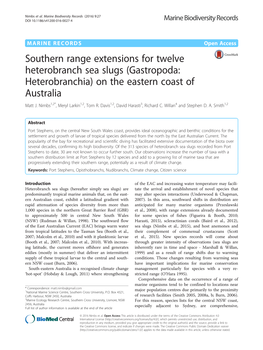 Southern Range Extensions for Twelve Heterobranch Sea Slugs (Gastropoda: Heterobranchia) on the Eastern Coast of Australia Matt J
