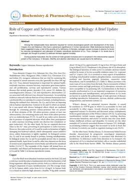 Role of Copper and Selenium in Reproductive Biology: a Brief Update Pal A* Department of Biochemistry, PGIMER, Chandigarh 160012, India