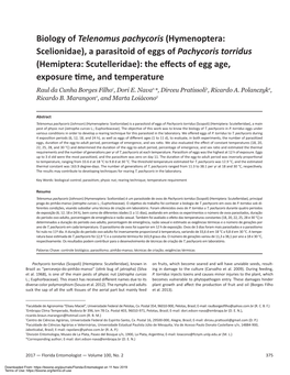 Biology of Telenomus Pachycoris (Hymenoptera: Scelionidae)