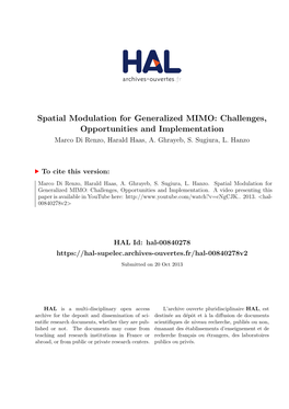 Spatial Modulation for Generalized MIMO: Challenges, Opportunities and Implementation Marco Di Renzo, Harald Haas, A