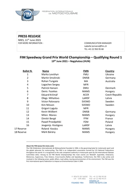 PRESS RELEASE FIM Speedway Grand Prix World Championship