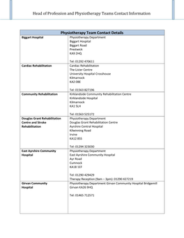 Head of Profession and Physiotherapy Teams Contact Information