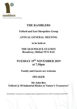 THE RAMBLERS TUESDAY 19 NOVEMBER 2019 at 7.30Pm