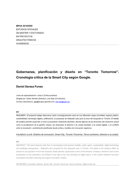 Toronto Tomorrow”. Cronología Crítica De La Smart City Según Google.”