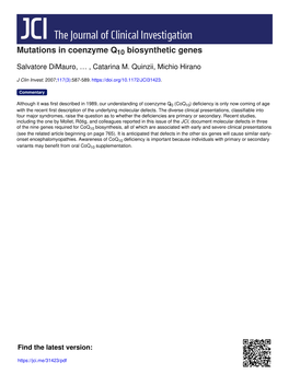 Mutations in Coenzyme Q10 Biosynthetic Genes