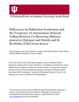 Differences in Pollination Syndromes and the Frequency of Autonomous Delayed Selfing Between Co-Flowering Hibiscus Poneurus (Sprague and Hutch) and H