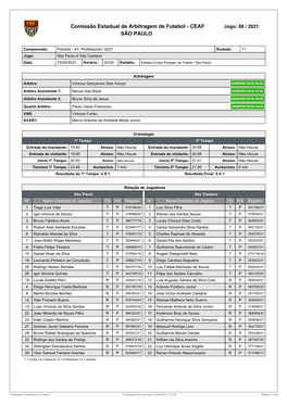 Comissão Estadual De Arbitragem De Futebol - CEAF Jogo: 88 / 2021 SÃO PAULO