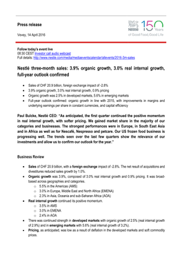 Nestlé Three-Month Sales: 3.9% Organic Growth, 3.0% Real Internal Growth, Full-Year Outlook Confirmed