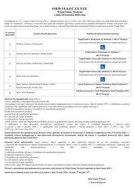 OBWIESZCZENIE Wójta Gminy Wodynie Z Dnia 10 Kwietnia 2020 Roku