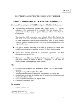 ANNEX 2 LIST of SPECIES of BLACK SEA IMPORTANCE Alga