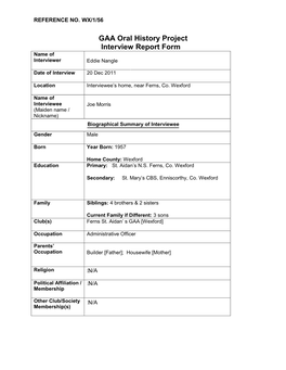 GAA Oral History Project Interview Report Form Name of Interviewer Eddie Nangle