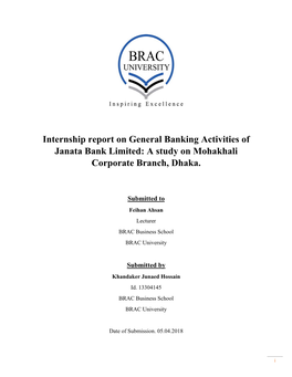 Internship Report on General Banking Activities of Janata Bank Limited: a Study on Mohakhali Corporate Branch, Dhaka