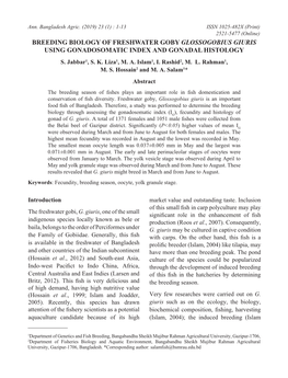 Breeding Biology of Freshwater Goby Glossogobius Giuris Using Gonadosomatic Index and Gonadal Histology S