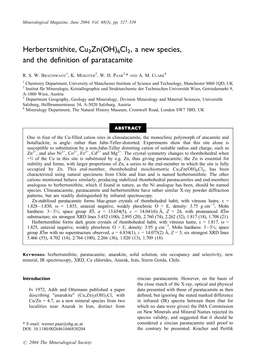 Herbertsmithite, Cu3zn(OH)6Cl2, a New Species, and the Definition of Paratacamite