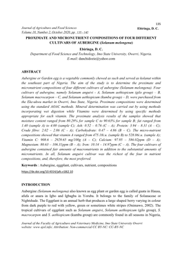 PROXIMATE and MICRONUTRIENT COMPOSITIONS of FOUR DIFFERENT CULTIVARS of AUBERGINE (Solanum Melongena) Ebiringa, D