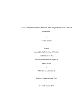 “Food, Identity and Symbolic Metaphors in the Bengali South Asian- Canadian