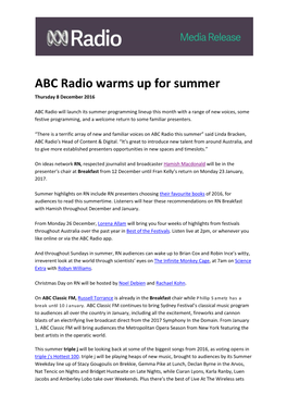 ABC Radio Warms up for Summer Thursday 8 December 2016