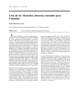 Lista De Los Mantodea (Insecta) Conocidos Para Colombia