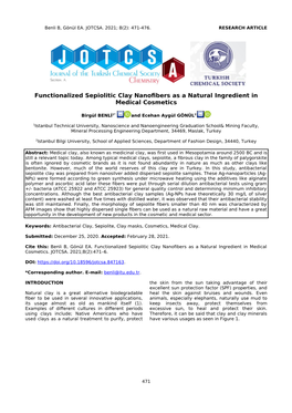 Functionalized Sepiolitic Clay Nanofibers As a Natural Ingredient in Medical Cosmetics