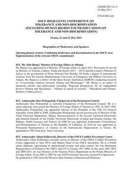 Osce High-Level Conference on Tolerance and Non-Discrimination (Including Human Rights Youth Education on Tolerance and Non-Discrimination)