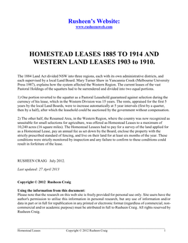 HOMESTEAD LEASES 1885 to 1914 and WESTERN LAND LEASES 1903 to 1910