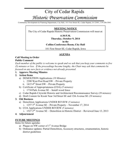 Historic Preservation Commission Community Development & Planning Department, City Hall, 101 First Street SE, Cedar Rapids, IA 52401, 319-286-5041