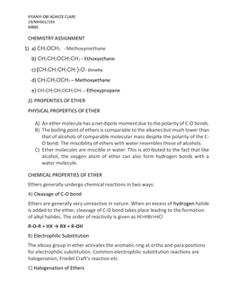 CHEMISTRY ASSIGNMENT 1) A) CH3OCH3