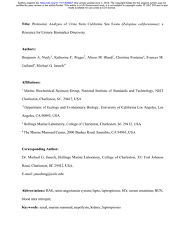 Proteomic Analysis of Urine from California Sea Lions (Zalophus Californianus): a Resource for Urinary Biomarker Discovery