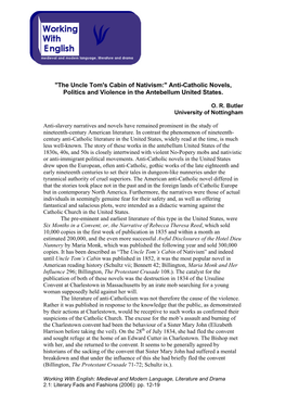 "The Uncle Tom's Cabin of Nativism:" Anti-Catholic Novels, Politics and Violence in the Antebellum United States
